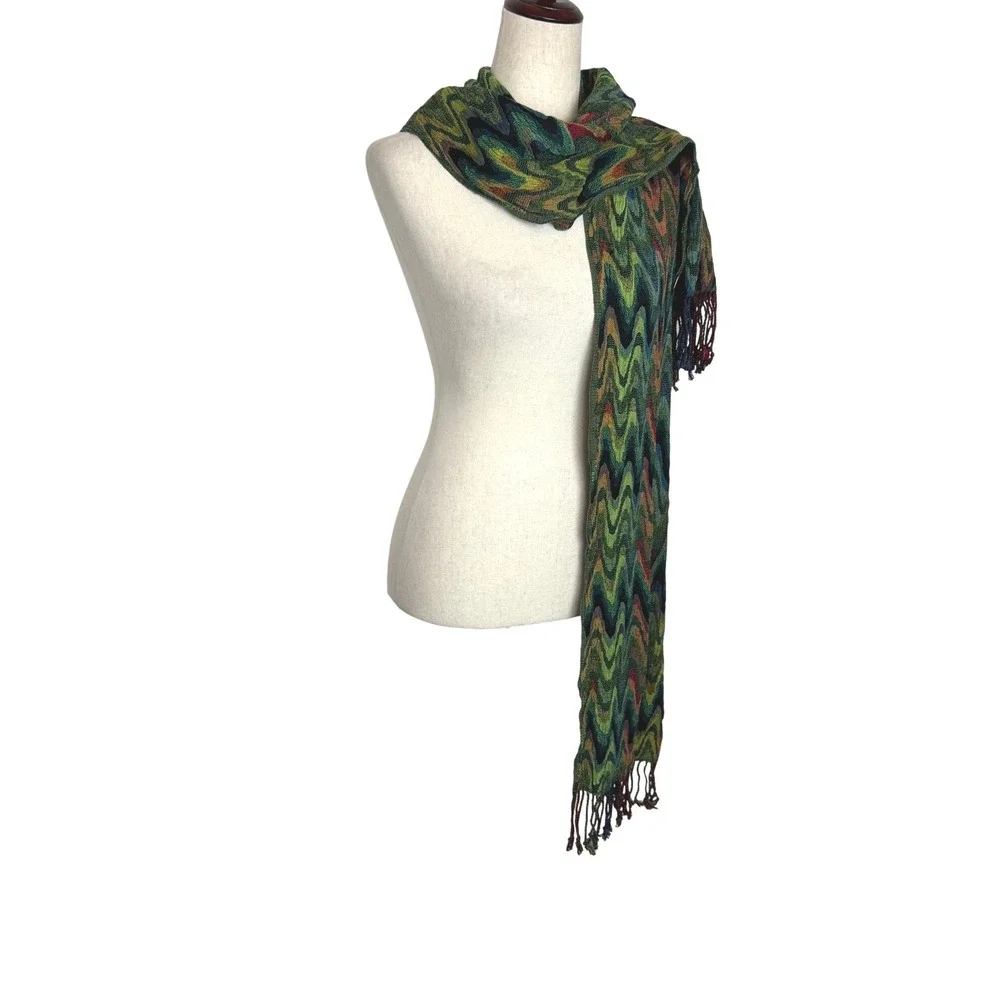 Multicolor Chevron Zig Zag Knit Scarf with Fringe Trim Emerald Red Yellow Wrap